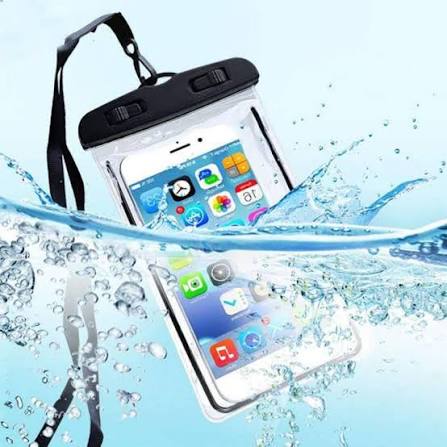 Waterproof phone case with a smartphone inside, surrounded by water droplets on a blue background